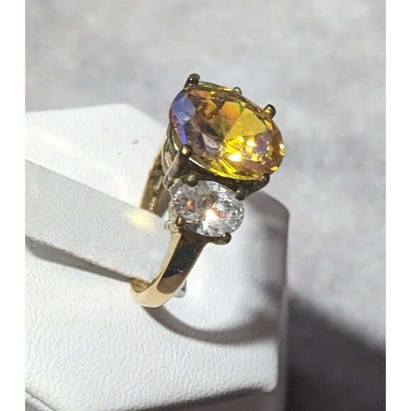 Brilliant Three Stone Sterling Silver Gold Tone Plated Engagement Ring Size 7 - Picture 11 of 16